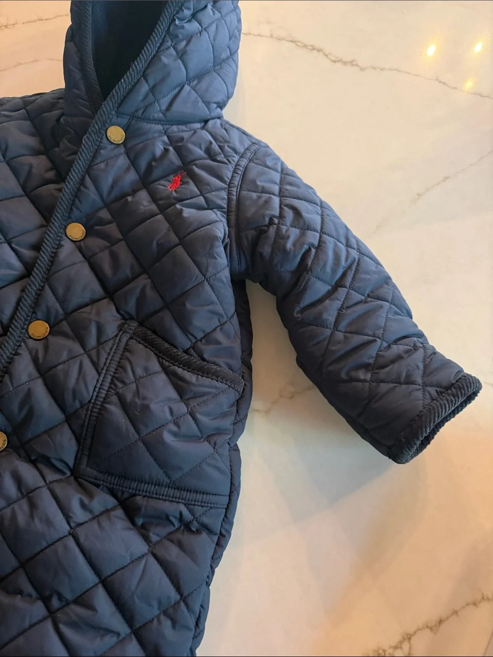 Ralph Lauren Navy Quilted Hooded Baby Footed One-Piece, Winter suit